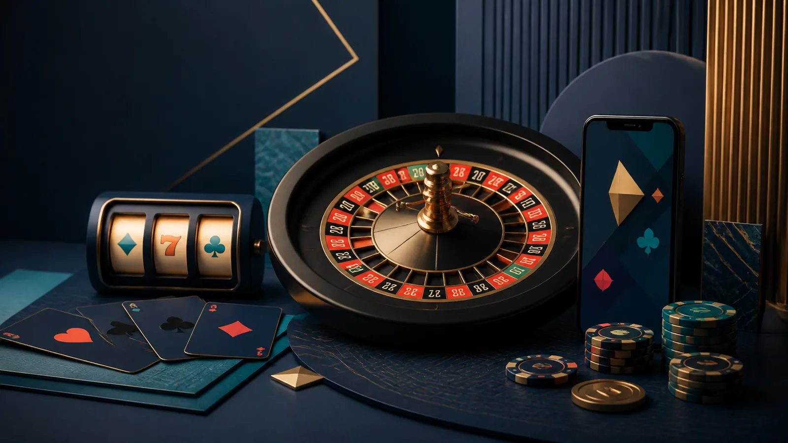 Ambiente editorial de cassino online com roleta e jogos